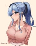  1girl absurdres blue_eyes blue_hair blush breasts buttons cleavage collared_shirt commentary_request dawn_1945 earrings facing_to_the_side gotland_(kancolle) hair_over_one_eye heart highres jewelry kantai_collection long_hair looking_at_viewer medium_breasts mole mole_under_eye necklace parted_lips pink_shirt ponytail shirt signature simple_background solo spoken_heart stud_earrings upper_body 