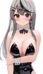 1girl bare_shoulders black_bow black_bowtie black_hair black_leotard blush bow bowtie breasts cleavage detached_collar grey_hair hair_ornament hololive large_breasts leotard long_hair looking_at_viewer multicolored_hair playboy_bunny red_eyes sakamata_chloe sasasa11070 smile solo strapless strapless_leotard streaked_hair virtual_youtuber wrist_cuffs x_hair_ornament 