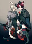  2boys animal_ears bishounen black_gloves black_thighhighs blush boots cat_boy cat_ears cat_tail crossdressing final_fantasy final_fantasy_xiv full_body gloves gradient_background grey_background grey_eyes grey_hair hair_over_one_eye hat highres intertwined_tails knees_up looking_at_viewer male_focus mini_hat miqo&#039;te multiple_boys otoko_no_ko ptptprpr red_eyes red_hair scar scar_on_face shiny_clothes short_hair sitting slit_pupils smile tail thigh_boots thighhighs thighhighs_under_boots warrior_of_light_(ff14) yaoi 