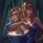  2girls arm_around_shoulder bare_shoulders blonde_hair blue_dress blue_gloves breasts cleavage collarbone commentary_request dress duel_monster elf eyelashes facial_mark fur-trimmed_dress fur_trim gemini_elf gloves green_lips lipstick long_hair looking_at_viewer makeup medium_breasts multiple_girls pink_hair pointy_ears purple_dress purple_eyes red_hair red_lips smile suranaki upper_body wavy_hair yu-gi-oh! 