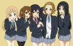  5girls :d akiyama_mio arm_behind_head black_eyes black_hair black_pantyhose blonde_hair blue_eyes brown_eyes brown_hair chinese_commentary commentary_request cowboy_shot hairband hands_on_own_cheeks hands_on_own_face highres hirasawa_yui hoshi_hara75 jacket k-on! kotobuki_tsumugi long_hair looking_at_viewer multiple_girls nakano_azusa official_style open_mouth pantyhose partial_commentary ribbon round_teeth sakuragaoka_high_school_uniform school_uniform short_hair simple_background skirt smile standing tainaka_ritsu teeth twintails upper_teeth_only yellow_background yellow_hairband 