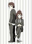  1girl alternate_costume bad_id bad_pixiv_id blue_eyes brown_eyes brown_hair chair crossed_legs formal hands_in_pockets high_ponytail koitsu_(blue) long_hair looking_at_viewer necktie pokemon pokemon_(game) pokemon_bw short_hair sitting standing striped striped_background suit touko_(pokemon) touya_(pokemon) 