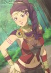  1girl absurdres alternate_costume arm_tattoo blurry blurry_background braid breasts brown_eyes circlet cleavage drop_earrings earrings eyeshadow facial_tattoo fire_emblem fire_emblem:_three_houses forest hand_on_own_hip highres jewelry large_breasts lens_flare long_hair looking_at_viewer makeup nature navel o-ring o-ring_top petra_macneary pink_eyeshadow ponytail purple_hair tak0baka tattoo 
