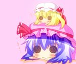  2girls black_eyes blonde_hair chibi chibi_on_head female flandre_scarlet hat multiple_girls noiz open_mouth pixiv_thumbnail purple_hair remilia_scarlet ribbon short_hair simple_background solid_circle_eyes tears touhou 