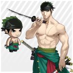  1boy abs armpit_hair armpit_hair_peek bandana bara character_request chibi clothed_down cosplay cowboy_shot ero_condo holding holding_sword holding_weapon japanese_clothes kienbiu kimono male_focus muscular muscular_male navel nipples official_alternate_costume one_piece paid_reward_available pectorals roronoa_zoro roronoa_zoro_(cosplay) serious short_hair simple_background solo standing stomach sword veins veiny_arms weapon 