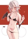  1girl absurdres bikini bikini_pull black_bikini blush breasts cleavage clothes_pull collarbone cowboy_shot demon_girl demon_tail demon_wings fang grey_hair groin hair_ornament hairclip hands_up heart highres horns kagura-chitose_(pixiv_68338191) looking_at_viewer navel open_mouth original pointy_ears pubic_tattoo red_background red_eyes short_hair simple_background skin-covered_horns small_breasts smile solo swimsuit tail tattoo two-tone_background white_background white_hair wings 