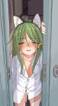  1girl animal_ear_fluff animal_ears crescent crescent_hair_ornament fake_animal_ears green_eyes green_hair hair_ornament highres implied_sex kantai_collection long_hair nagatsuki_(kancolle) open_clothes open_mouth open_shirt po0000000000 pussy_juice shirt sweat teeth upper_teeth_only white_shirt 