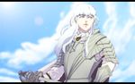  androgynous armor berserk blue_eyes cape day griffith letterboxed lips long_hair male_focus otoko_no_ko saya_chocolate513 scar sky solo sword weapon white_hair 