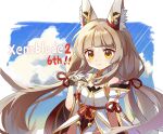  1girl animal_ear_fluff animal_ears anniversary arched_bangs blue_sky border cat_ears cat_girl closed_mouth cloud commentary_request copyright_name gloves grey_hair highres long_hair luliko253 nia_(blade)_(xenoblade) nia_(xenoblade) outside_border sky smile solo standing upper_body white_border white_gloves xenoblade_chronicles_(series) xenoblade_chronicles_2 yellow_eyes 