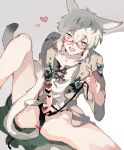  1boy animal_ears anus ass blush cat_boy cat_ears cat_tail censored erection final_fantasy final_fantasy_xiv from_behind glasses gradient_background grey_background hair_between_eyes heart hickey knee_up looking_at_viewer male_focus miqo&#039;te open_mouth otoko_no_ko pink_background pink_eyes presenting_ass ptptprpr short_hair solo spread_legs tail testicles thong warrior_of_light_(ff14) white_hair 