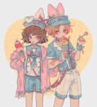  1boy 1girl 382 :p animal_ears badge blue_eyes blue_shirt blue_shorts blunt_bangs bob_cut brown_hair cherry choker commentary_request crepe dripping fishnet_pantyhose fishnets food fruit grey_background hand_on_another&#039;s_arm hat heart heart_print holding holding_food holding_ice_cream holding_spoon hood ice_cream ice_cream_cone jacket long_sleeves looking_at_viewer mole mole_on_leg mole_under_mouth multicolored_nails open_mouth original pantyhose pastel_colors pink_eyes pink_hair pink_jacket pink_nails polka_dot polka_dot_shirt rabbit_charm rabbit_ears rabbit_ornament sailor_collar shirt short_hair short_sleeves shorts spoon standing strawberry strawberry_slice suspenders tongue tongue_out two-tone_background wrist_cuffs yellow_background 