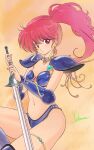  1girl armor asagiri_youko bikini bikini_armor blue_bikini breasts earrings genmu_senki_leda highres holding holding_sword holding_weapon jewelry long_hair looking_at_viewer pauldrons red_eyes red_hair shoulder_armor side_ponytail small_breasts solo swimsuit sword vambraces weapon yoshinaga_masahiro 