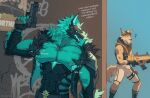 2024 anthro big_pecs biped bodily_fluids canid canine canis cerberus_(fortnite) clothed clothing cross-popping_vein digital_media_(artwork) duo epic_games eruprior fortnite fur green_body green_fur gun handgun hi_res holding_gun holding_handgun holding_object holding_ranged_weapon holding_rifle holding_weapon jacket male mammal muscular muscular_anthro muscular_male nipple_fetish nipple_play nipple_suck nipples open_clothing open_jacket open_topwear pecs ranged_weapon sucking sweat topwear weapon wendell_(fortnite) wolf