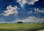  blue_sky cloud cloudy_sky field grass grasslands highres horizon mountain mountainous_horizon no_humans original painting_(medium) river riverbank shibakaka sky traditional_media tree water watercolor_(medium) 