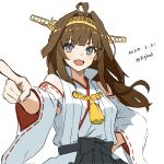  1girl absurdres ahoge bigkwl brown_hair dated detached_sleeves double_bun gold_hairband grey_eyes hair_bun hairband hand_on_own_hip headgear highres kantai_collection kongou_(kancolle) kongou_kai_ni_(kancolle) long_hair nontraditional_miko one-hour_drawing_challenge open_mouth pointing popped_collar ribbon-trimmed_sleeves ribbon_trim smile solo twitter_username 