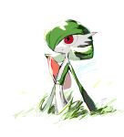  1girl absurdres bob_cut colored_skin commentary_request flat_chest gardevoir grass green_hair green_skin hair_over_one_eye highres looking_afar multicolored_skin one_eye_covered open_mouth pokemon pokemon_(creature) red_eyes short_hair simple_background solo standing tall_grass tem_(tem_konp10) two-tone_skin upper_body white_background white_skin 