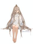  1girl absurdly_long_hair animal_on_head artist_name barefoot brown_hair commentary english_commentary feet full_body hair_between_eyes long_hair looking_at_viewer nirdlestudio on_head sense_(sousou_no_frieren) sitting solo sousou_no_frieren toes very_long_hair white_background 