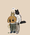 anthro bulge canid canine canis clothed clothing date dessert dickinoatmeal duo food fox hi_res human humanoid ice_cream male male/male mammal simple_background wholesome wolf