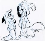  2016 anthro briskby canine clothed clothing costume dipstick_ears dipstick_tail disney duo ears_down female fluffy fluffy_tail fox fur hands_in_pockets judy_hopps lagomorph male mammal multicolored_tail nick_wilde rabbit simple_background size_difference sketch smile standing white_background zootopia 
