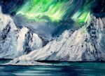  aurora cloud cloudy_sky highres lake light mountain night night_sky original painting_(medium) scenery shadow shibakaka sky snow star_(sky) starry_sky traditional_media water watercolor_(medium) 