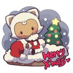  1girl blush_stickers chibi chibi_only christmas_tree coat dragon_quest dragon_quest_x eyelashes fur-trimmed_coat fur-trimmed_headwear fur_trim hat holding holding_clothes holding_hat kotorai merry_christmas puklipo red_coat red_hat santa_costume santa_hat signature smile solo tree 