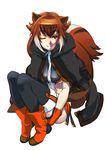  animal_ears blazblue boots breasts brown_eyes brown_hair cape crop_top gloves kabane_(follabi) leg_hug makoto_nanaya medium_breasts microskirt midriff multicolored_hair one_eye_closed short_hair sitting skirt solo squirrel_ears squirrel_tail tail thighhighs two-tone_hair underboob 