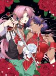  2girls absurdres aqua_eyes bare_shoulders blue_eyes breasts dark-skinned_female dark_skin dress flower glasses highres himemiya_anthy holding holding_sword holding_weapon jacket large_breasts long_hair looking_at_viewer multiple_girls open_mouth pink_hair purple_hair red_flower red_rose rose shoujo_kakumei_utena sword tenjou_utena weapon white_flower white_rose wrist_cuffs yononaka 