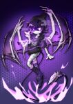  1girl absurdres bat_wings evil_grin evil_smile fur_collar fur_trim grin highres honeycomb_(pattern) honeycomb_background inaba_hitomi looking_at_viewer murder_drones purple_background purple_eyes purple_hair robot smile tail uzi_(murder_drones) wings 