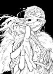  1girl absurdres ainu ainu_clothes asirpa cloak covered_mouth earrings floating_hair from_below fur_cloak golden_kamuy greyscale headband highres hoop_earrings jewelry kome_uo long_hair looking_at_viewer monochrome reaching reaching_towards_viewer simple_background solo upper_body 