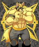  anthro belt biceps blonde_hair canine chest_tuft claws clothed clothing dog fangs fur green_eyes grin hair half-dressed huge_muscles jaeh knee_pads long_hair looking_at_viewer male mammal mask muscles navel pads pants pecs ponytail pose smile solo standing topless tuft 