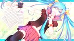  aqua_eyes aqua_hair candy dutch_angle fingerless_gloves food gloves hatsune_miku jyuru lollipop long_hair navel necktie one_eye_closed sheet_music skirt solo swirl_lollipop thighhighs twintails vocaloid 