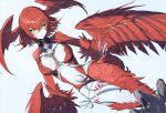  1girl absurdres black_sclera breasts colored_sclera colored_skin commission feathered_wings grey_background harpy head_wings highres looking_at_viewer medium_breasts monster_girl navel original panko_(drive_co) red_hair short_hair skeb_commission solo talons white_skin winged_arms wings yellow_eyes 