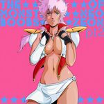  80s bad_id bad_pixiv_id between_breasts black_gloves breast_squeeze breasts cleavage collarbone covered_nipples earrings fingerless_gloves gloves gundam gundam_zz illia_pazom jewelry large_breasts lipstick long_hair makeup navel necklace oldschool open_clothes parted_lips pauldrons pendant pink_hair skirt star tan text_focus waeba_yuusee 