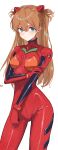  1girl absurdres blonde_hair blue_eyes blush bodysuit breasts closed_mouth cowboy_shot el_tenshi hair_between_eyes headgear highres long_hair looking_at_viewer neon_genesis_evangelion plugsuit red_bodysuit simple_background small_breasts solo souryuu_asuka_langley standing two_side_up very_long_hair white_background 