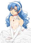  akabanesan bad_id bad_pixiv_id bare_shoulders blue_eyes blue_hair bride brooch dress earrings elbow_gloves flower gloves hairband highres jewelry kouno_tooru long_hair male_focus nipples otoko_no_ko parted_lips princess_princess rose see-through simple_background sitting smile solo wedding_dress white_background 