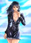  1girl arm_up black_dress black_hair blue_eyes blunt_bangs breasts cleavage collared_shirt cowboy_shot deviantart_username dress english_commentary facing_viewer floating_hair greciiagzz highres instagram_logo instagram_username leather_dress looking_at_viewer medium_hair nico_robin one_piece pink_lips shirt smile solo twitter_logo twitter_username 