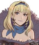  1girl bare_shoulders blonde_hair blue_choker blue_eyes blue_hair blue_hairband breasts choker cleavage cm_lynarc colored_inner_hair commentary constance_von_nuvelle dress drill_hair drill_sidelocks fire_emblem fire_emblem:_three_houses fire_emblem_warriors:_three_hopes hairband highres looking_at_viewer multicolored_hair off-shoulder_dress off_shoulder official_alternate_costume official_alternate_hairstyle parted_lips purple_lips sidelocks simple_background solo upper_body white_background 