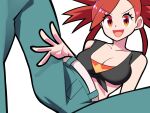  1girl bellupup breasts cleavage collarbone flannery_(pokemon) highres looking_at_viewer midriff open_mouth orange_eyes pants pokemon pokemon_oras red_hair shirt simple_background smile tied_shirt v-shaped_eyebrows white_background 