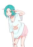  1girl :&lt; alternate_hairstyle aqua_hair bent_over bloomers bob_cut breasts cleavage collarbone commentary feet_out_of_frame green_eyes hair_down hand_on_own_leg highres leaning_forward looking_at_viewer looking_to_the_side loose_clothes loose_shirt monogatari_(series) ononoki_yotsugi open_mouth oversized_clothes oversized_shirt parted_bangs pink_bloomers salute shirt short_hair short_sleeves simple_background small_breasts solo standing t-shirt thick_eyebrows usa003uni white_background wide_sleeves 