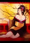  black_hair breasts bug butterfly cleavage earrings hair_ornament hair_up holding holding_pipe insect japanese_clothes jewelry kimono kiseru large_breasts oiran original pipe solo u-min 