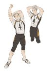  1boy arms_behind_head arms_up black_hair black_shorts bokuto_koutarou brown_eyes chengongzi123 chinese_commentary closed_mouth cropped_legs full_body grey_hair haikyuu!! highres knee_pads looking_at_viewer looking_to_the_side male_focus multicolored_hair shirt shoes short_hair short_sleeves shorts simple_background smile sneakers socks sportswear standing streaked_hair very_short_hair volleyball_uniform white_background white_footwear white_shirt white_socks 