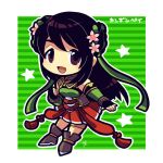  1girl black_gloves black_hair brown_eyes brown_footwear chibi chibi_only chinese_clothes clenched_hand double_bun fingerless_gloves flower full_body gloves guan_yinping hair_bun hair_flower hair_ornament kotorai long_hair looking_at_viewer no_nose open_mouth pleated_skirt red_skirt shin_sangoku_musou skirt solo standing tassel 