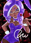  1girl blowing_kiss bow bowtie breasts cephalopod_eyes cleavage collar commentary dark-skinned_female dark_skin detached_collar glasses hand_on_own_hip heart highres large_breasts leotard long_hair octoling octoling_girl octoling_player_character open_mouth playboy_bunny purple_bow purple_bowtie purple_eyes purple_hair purple_leotard solo splatoon_(series) symbol-only_commentary tentacle_hair watermark white_collar yukejima 