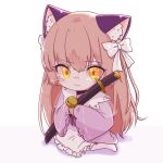  1girl animal_ears bell brown_hair cat_ears hair_ribbon heaven_burns_red highres holmes_hvbn long_hair long_sleeves ogasawara_hisame ribbon sitting skirt solo twintails very_long_hair weapon white_hair yellow_eyes 