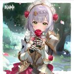  1girl absurdres armor border braid breastplate commentary_request copyright_name flower genshin_impact green_eyes grey_hair hair_flower hair_ornament hands_up highres holding holding_flower looking_at_viewer noelle_(genshin_impact) official_art outside_border red_flower red_rose rose short_hair solo sparkle tree upper_body vambraces white_border 