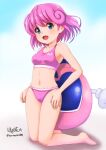 1girl bikini blue_eyes blush breasts haruhata_mutsuki kneeling looking_at_viewer navel open_mouth pastel_(twinbee) pink_bikini pink_hair robot short_hair small_breasts smile solo swimsuit twinbee twinbee_(character) 