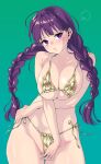  1girl adjusting_clothes adjusting_swimsuit areola_slip bikini braid breasts crossed_arms fern_(sousou_no_frieren) gold_bikini highres karube_guri large_breasts long_hair looking_at_viewer purple_eyes purple_hair simple_background solo sousou_no_frieren standing swimsuit twin_braids 