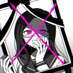  1girl bad_id bad_twitter_id blush collared_shirt commentary_request commission danganronpa_(series) danganronpa_v3:_killing_harmony furrowed_brow glasses gradient_background grey_background greyscale hand_to_own_mouth holding holding_frame iei long_hair long_sleeves looking_at_viewer monochrome neckerchief open_mouth pink_eyes round_eyewear sailor_collar school_uniform serafuku shirogane_tsumugi shirt simple_background single_sidelock smile solo spot_color sweat upper_body waka_(wk4444) wavy_hair 
