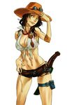  abs beads belt breasts brown_hair cleavage contrapposto elbow_pads freckles genderswap goggles goggles_on_headwear hand_on_hip hat kabane_(follabi) large_breasts long_hair muscle one_eye_closed one_piece portgas_d_ace prayer_beads sheath sheathed shirt short_shorts short_sword shorts solo standing sword thigh_strap tied_shirt weapon 