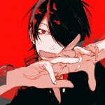  1boy araragi_koyomi bakemonogatari black_jacket commentary_request covered_mouth expressionless gakuran hair_over_one_eye hands_up head_tilt highres interlocked_fingers jacket long_bangs long_sleeves looking_at_viewer male_focus monogatari_(series) one_eye_covered own_hands_together portrait red_background red_eyes school_uniform short_hair simple_background solo unrefle 